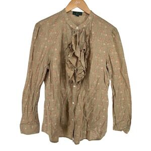 LRL Ralph Lauren Floral Ruffle Button Top Womens XL Tan Prairie Country Cottage